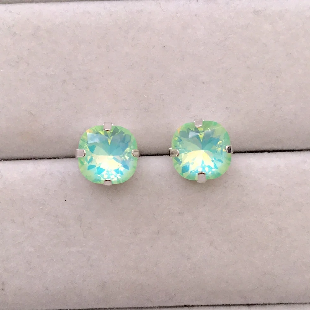 Pacific Opal Aurora Borealis + Silver Cushion Cut Crystal Earrings